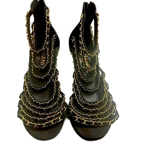 CHANEL Black Kid Suede Gold Chain Gladiator Open-Toe Sandals Mid Heel, 38 - Picture 1 of 8